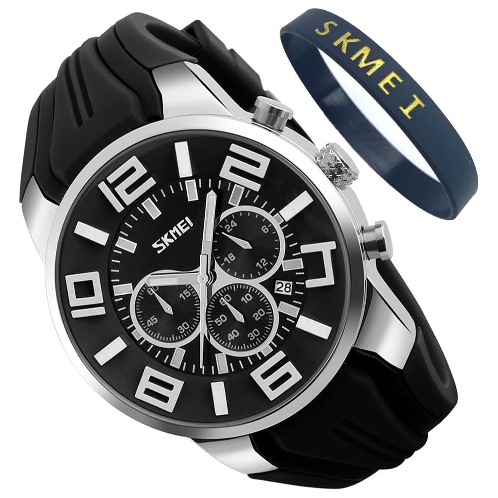 Men s Casual Big Face Chronograph Watch Black Silicone Waterproof Analog Quartz