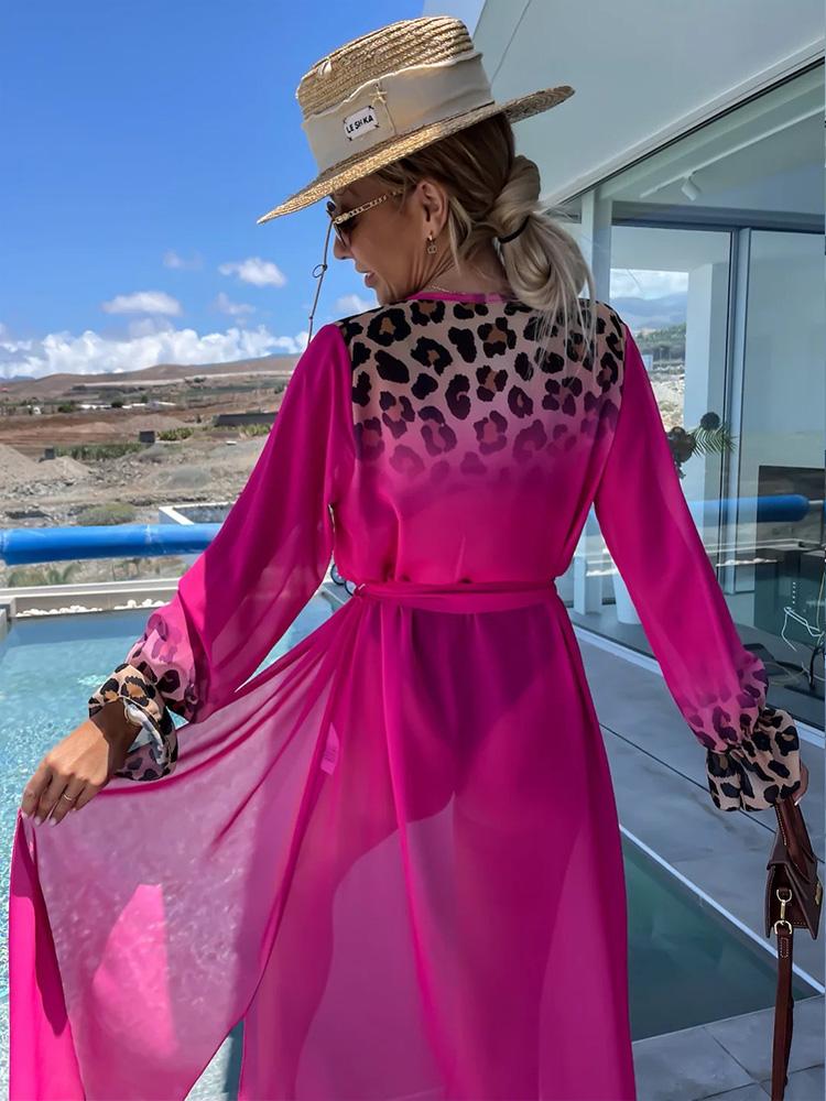 Leopard Print Beachwear Bathing Suit Coverup Plus Size Chiffon Long Sleeve Maxi Dress Open Front Kimono Cardigan Lightweight Tunic Belt Outfit A2705