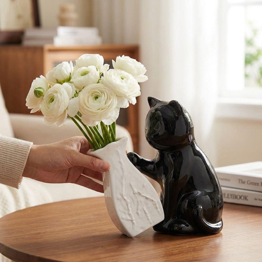 Cat Statue Kitten with Tilted Flower Vase Ceramic Flower Holder Decorative Vase  Flower Arrangement