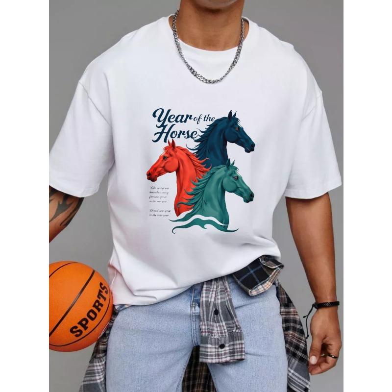 White T-Shirt Year of The Horse Graphic Print with Three Colorful Horses and Inspirational Text for Casual Wear