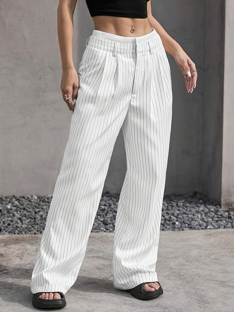 Women's Trousers Japanese and Korean Casual High Waist Color Matching Simple Drape Striped Straight Trousers Wide Legs