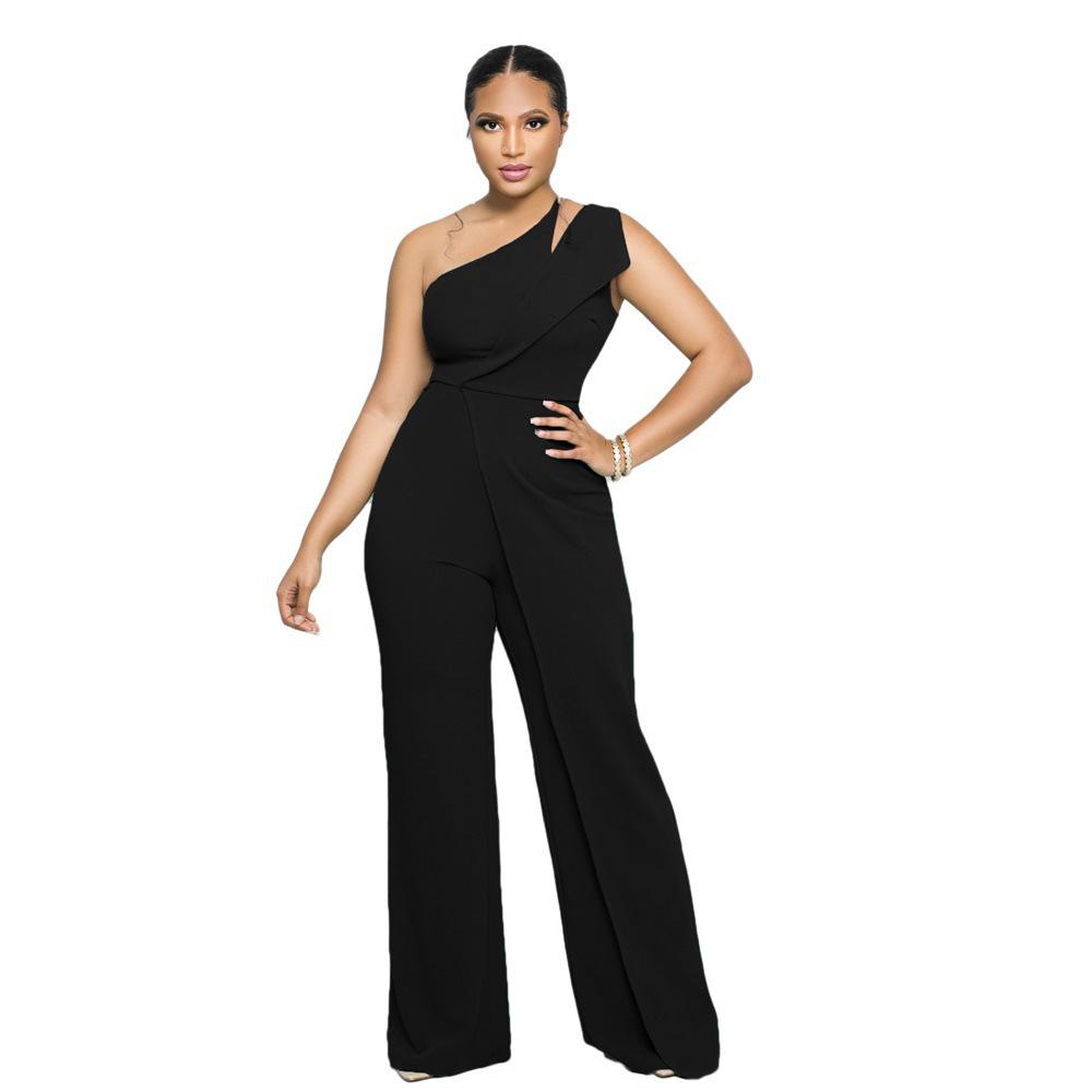 9904 European & American Sexy Sleeveless One-Shoulder High Waist Straight Jumpsuit