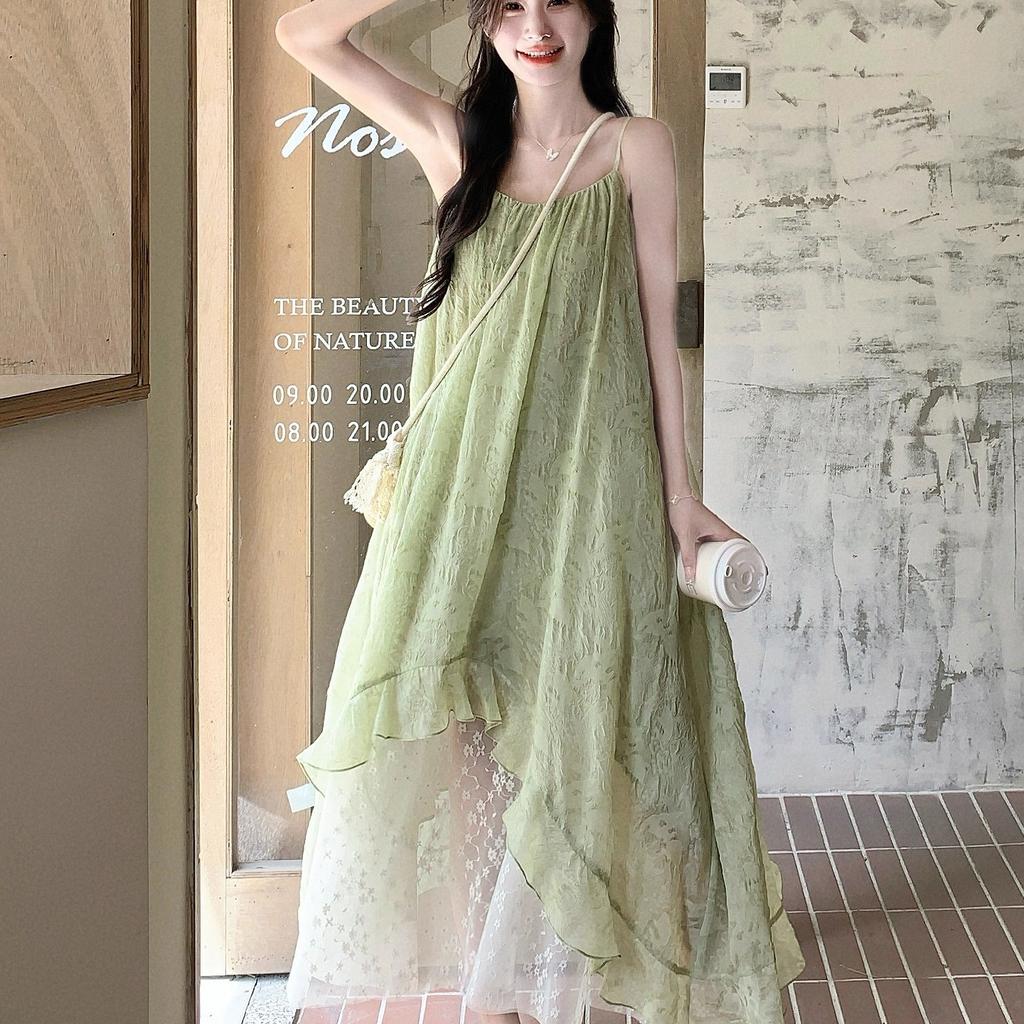 Green Mesh Splicing Suspender Dress Women's Summer New Beautiful Holiday Wind Floral Chiffon Dress