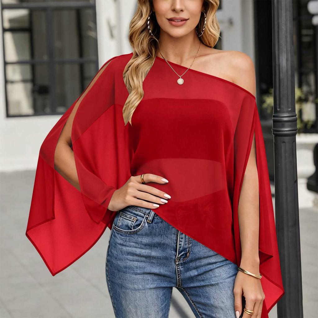 Women's Loose Chiffon Sleeve Blouse, Color Casual Top for Summer
