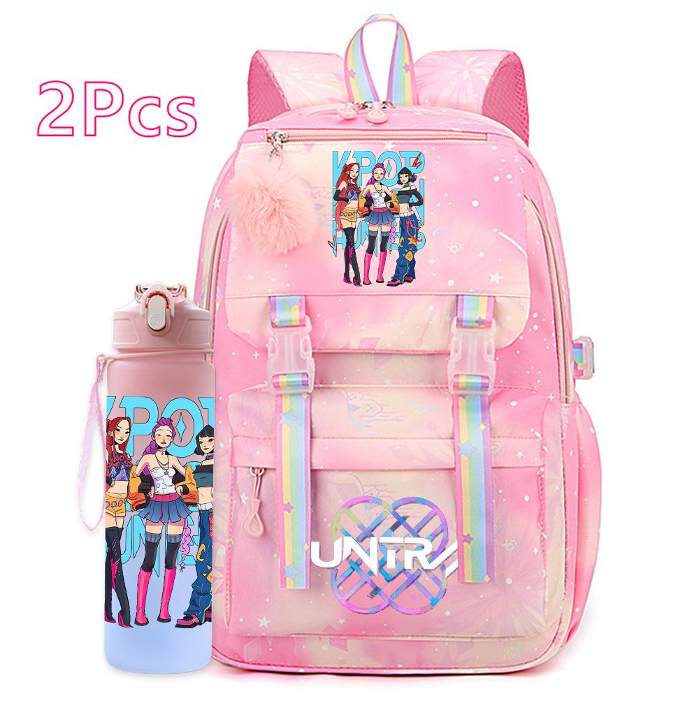 2Pcs/set Anime Cartoon Kpop Printed Backpack with 750Ml Water Bottler Large Capacity Travel Bag for Teenager Girl Boy Bookbag Kid Gift Rucksak