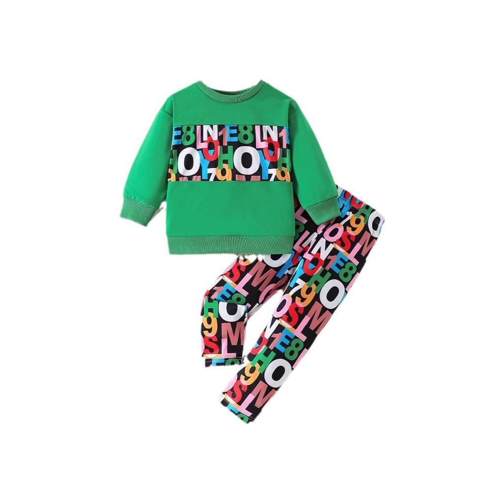 Autumn and Winter Girls' Round-neck Long-sleeved Color-blocked Tops and Letter-printed Trousers Two-piece Set