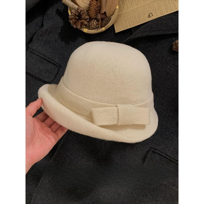 Curly Wool Bow Top Hat for Women Winter French Dome Gold Hat Showing Face Small Fisherman Hat Basin Hat