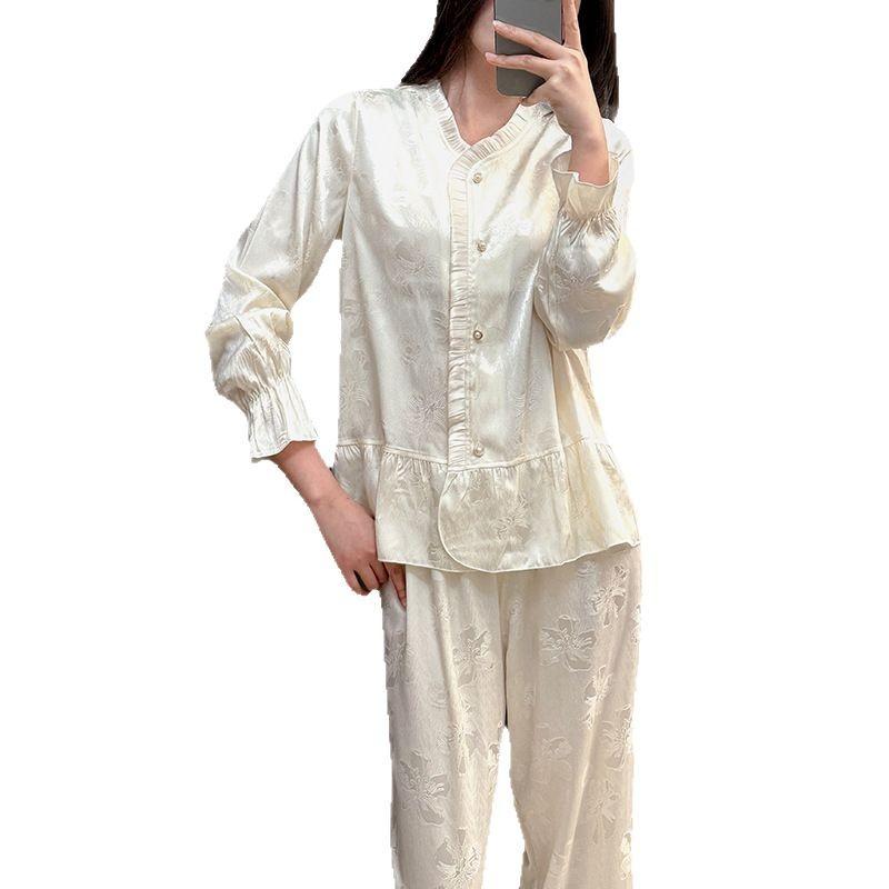 Jacquard Ice Silk Long-sleeved Pajama Set Spring and Summer Court Style Thin Satin Loungewear High-end Pajama Set Women