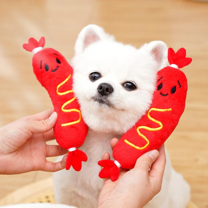 Dog Sound Plush Toy Hot Dog Chewing Toy Pet Grinding Teeth Squeaky Plush Toy Puppy Bite-resistant Interactive Chew Toy
