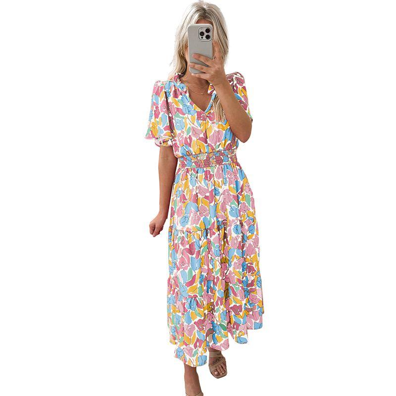 

2025 Summer New Arrival Florals Print Short Sleeve Dress Women Fashion Fashion Pleating High Waist Cover Wide Hip Long Dress Women Pink Size S fit (45.00 kg-55.00 kg