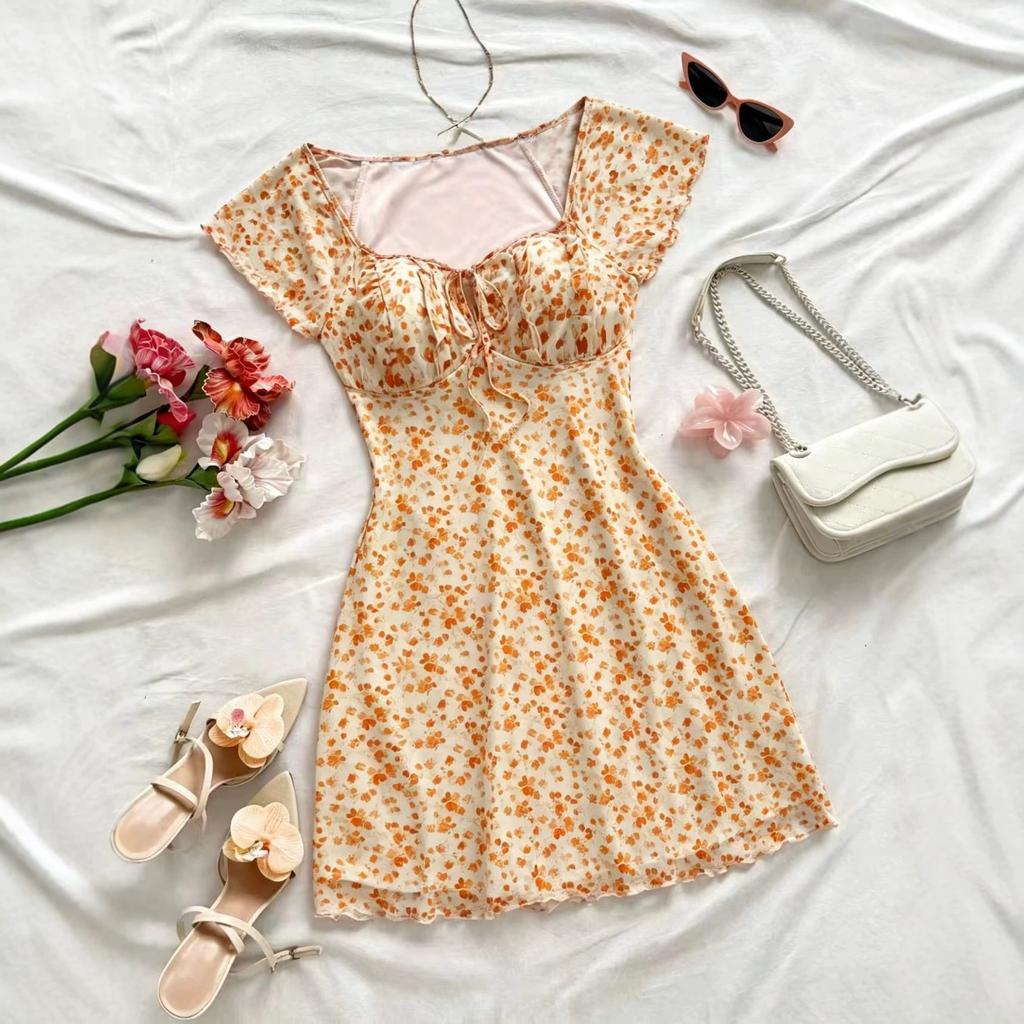 Women's U Neck Cap Sleeve Floral Mini Dress Slim Fit High Waist Mesh Panel Bodycon Dress 2026 Summer Sweet French Vacation Short Dress