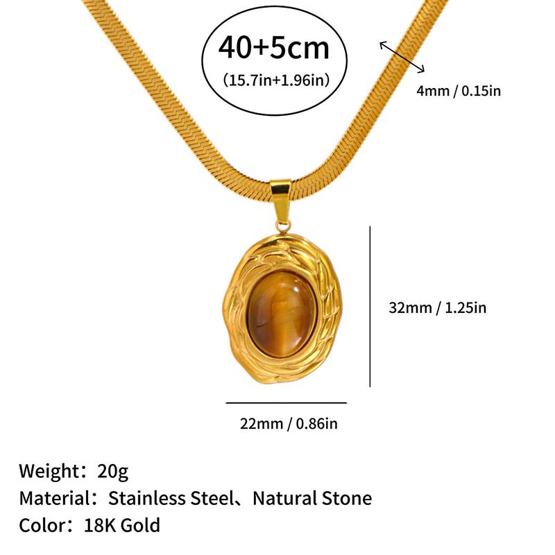 18K Gold Plated Titanium Steel Necklace Women Light Luxury Colorful Oval Stone Pendant Jewelry коричневый