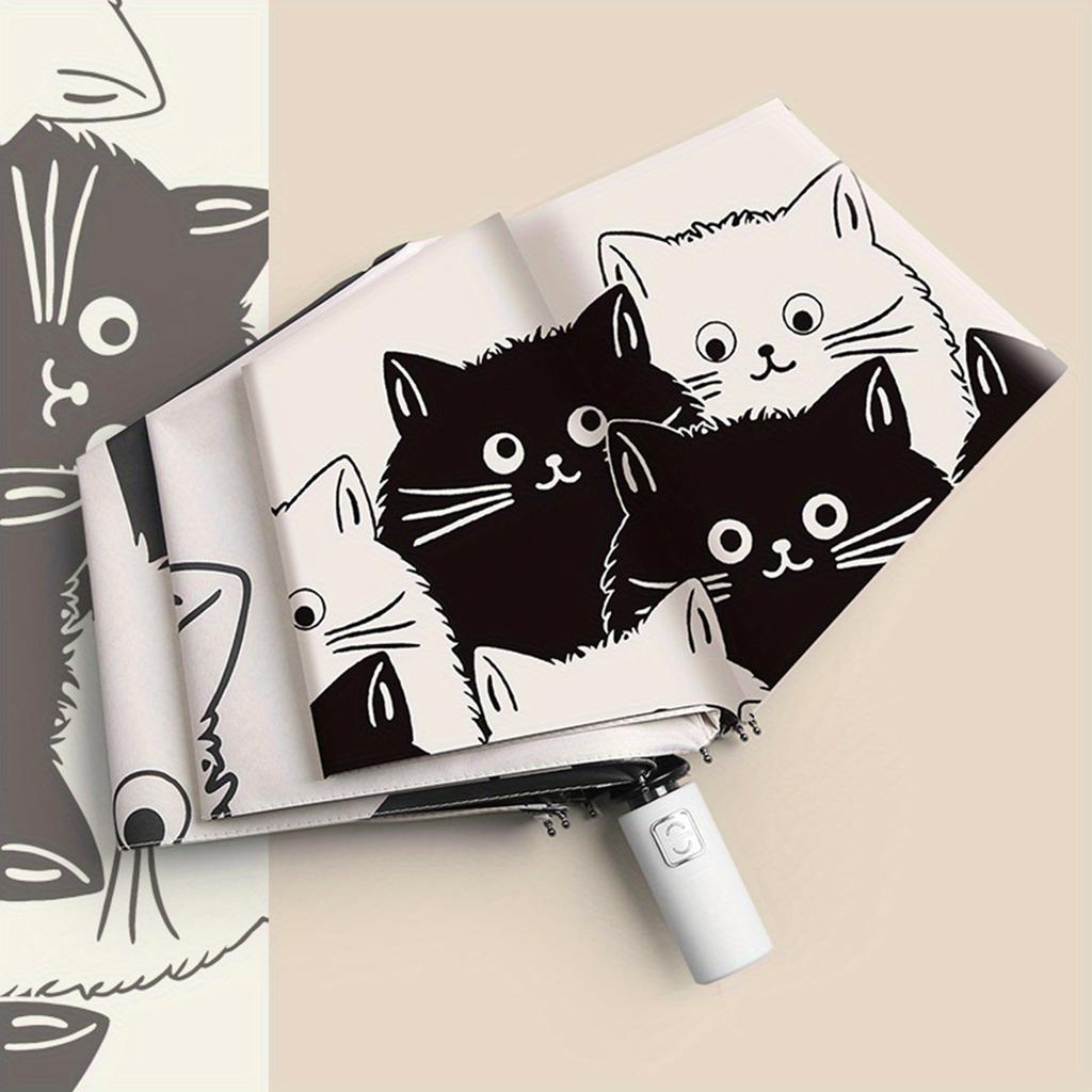Ombrello Automatico Nero e Bianco con Stampa di Gattini Cartoni Animati, Doppia Utilizzo Sole e Pioggia, Protezione UV, Struttura Rinforzata e Spessa