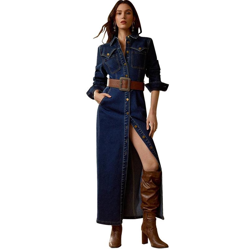 

Stand Long Sleeved Breasted Fashionable Long Dress XXL темно-синий