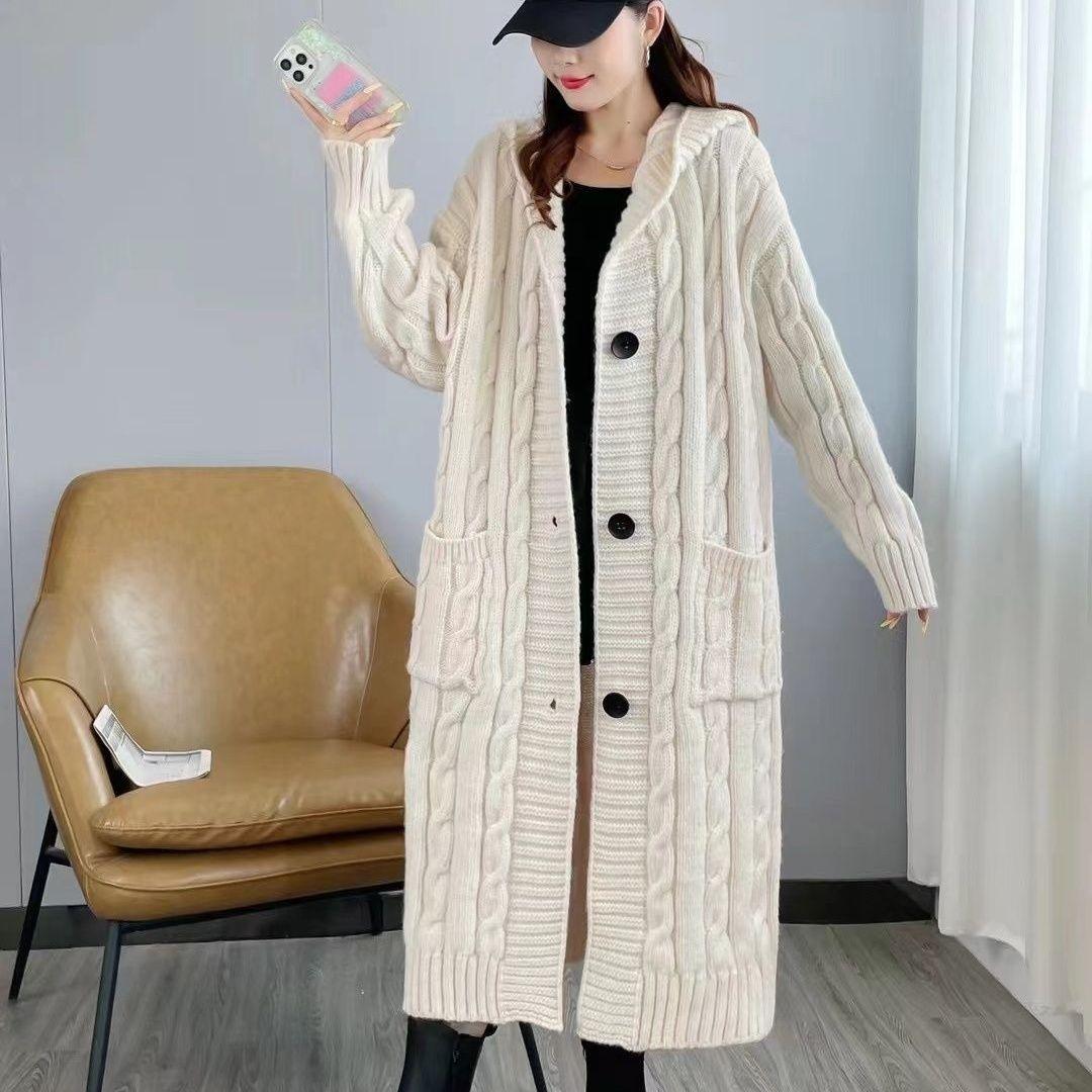 

WTEMPO Осень-зима с длинным рукавом, утолщенная толстовка с капюшоном, свободный длинный кардиган на пуговицах, однотонный свитер большого размера One Size слоновая кость