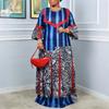 Plus Size Women 3/4 Sleeve Floral Striped Print Casual Loose Long  Maxi Kaftan Dress