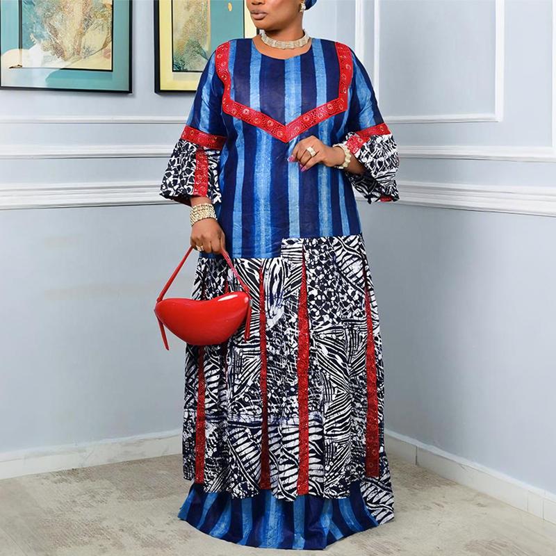 Plus Size Women 3/4 Sleeve Floral Striped Print Casual Loose Long Maxi Kaftan Dress