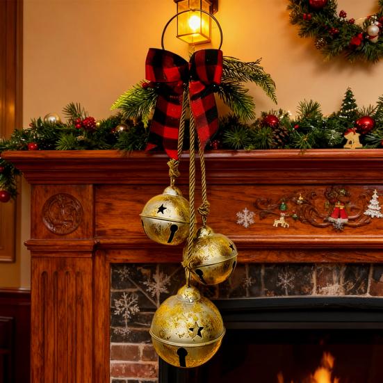 Christmas Bell Decoration 17.7" Hanging Jingle Bells with Plaid Bow Pine Needles Red Berries Rustic Holiday for Door
