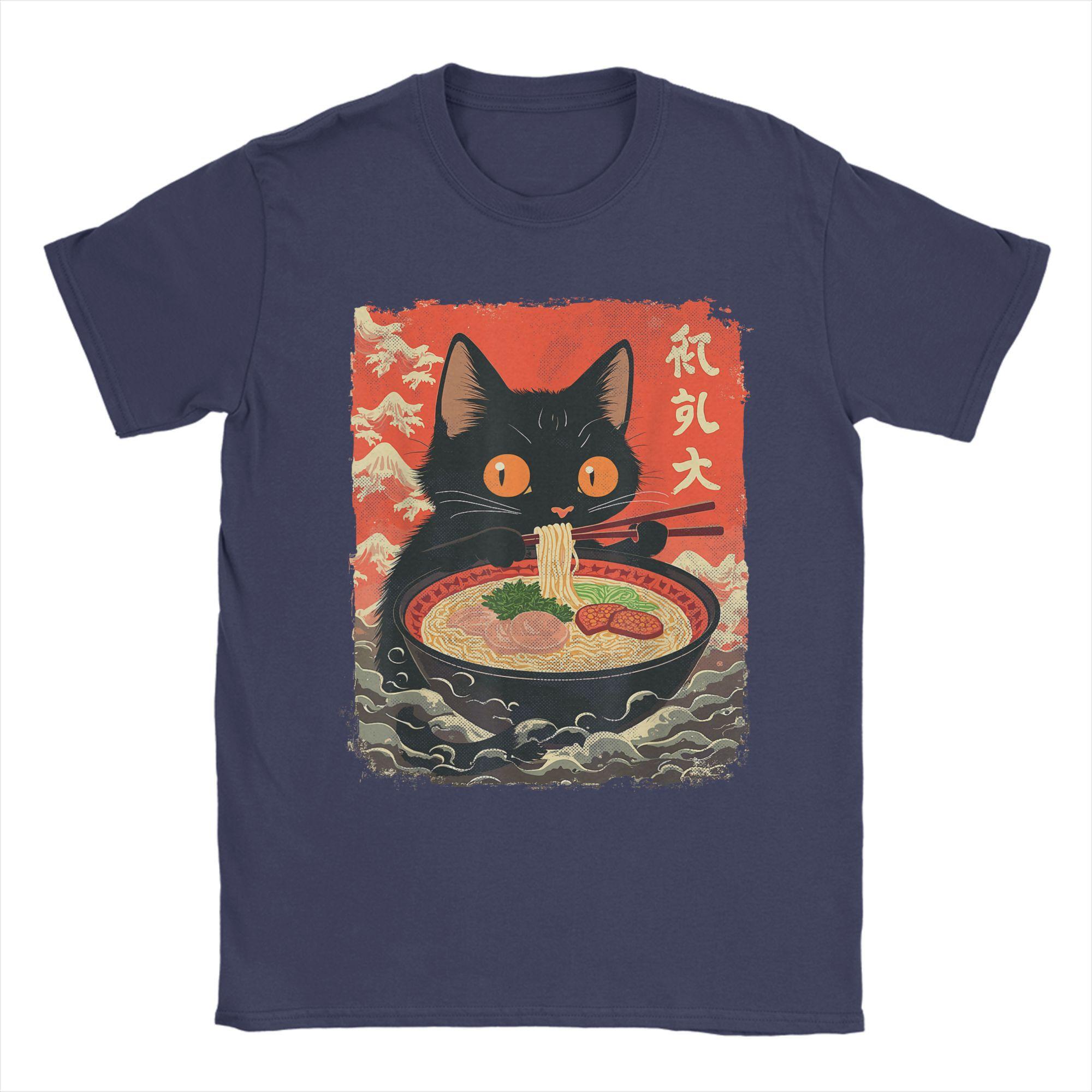 

Japanese Black Cat Ramen T-Shirt for Men Crew Neck Pure Cotton T Shirts Kawaii Noodle Cat Short Sleeve Tees Original Clothes 4XL