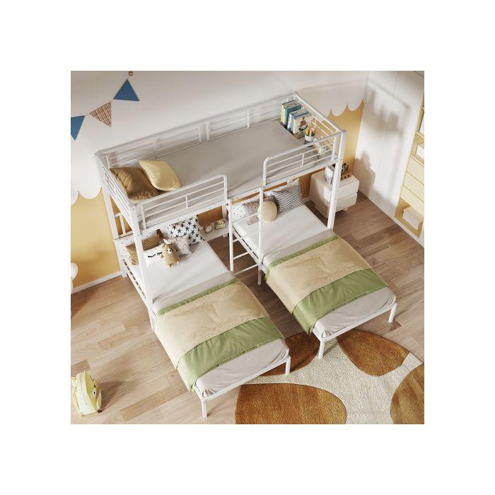 Lit Superposé Triple - MUVOE - 90x200cm - Métal Blanc - 3 Places - Échelle Sécurisée