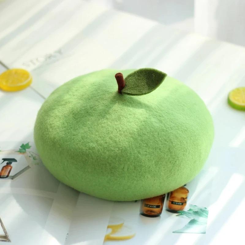 Women's Beret Handmade DIY Fruit Green Apple Painter Hat Cute Girl Little Leaf Woolen Hat Autumn and Winter Outdoor Warm Beanie