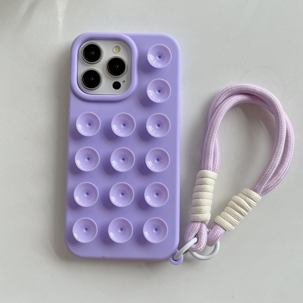 Fashion 3D Cute Candy Liquid Silicone Suction Cup Case For iPhone 16 15 14 Plus 11 12 13 Pro Max Soft Lanyard Wrist Strap Cover