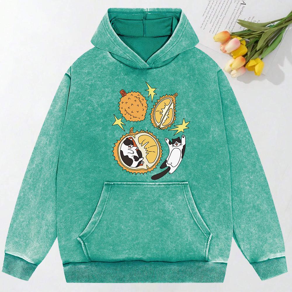 Cartoon Cat Nested In Durian Illustration Print Women Washed Hoodie Fashion Clothing Autumn Cotton Hoodies Hoody