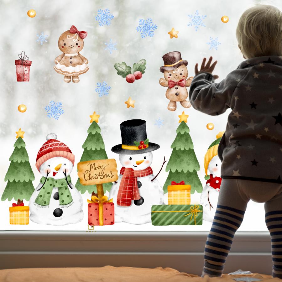 Festive Merry Christmas Wall Stickers with Snowmen & Gingerbread Removable Self-Adhesive for Kids Room Shop Restaurant Decor