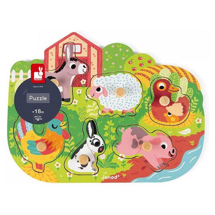 Puzzle encastrement 6 pièces - janod - happy farm - enfant - beige - a partir de 18 mois