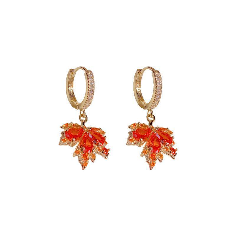 Fashion Light Luxury Premium Full Diamond Red Maple Leaf Ear Buckle Feminine Versatile Earrings