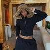 VAYLA Faux Furry Trim Hooded Fitted Cropped Jacket Y2K Long Sleeve Zipper Coat High Street Casual Autumn Winter Outfits