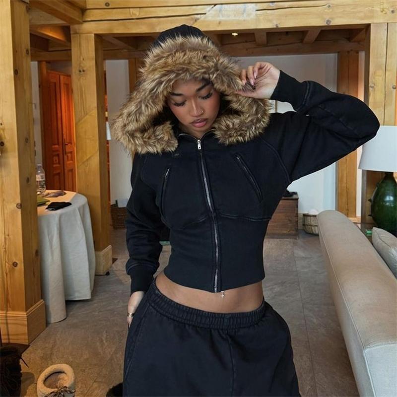 VAYLA Faux Furry Trim Hooded Fitted Cropped Jacket Y2K Long Sleeve Zipper Coat High Street Casual Autumn Winter Outfits