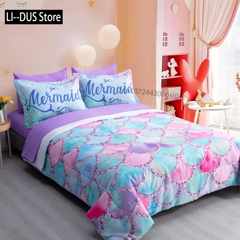

Girls Mermaid Comforter Set Twin Size Fish Scale Bedding Set 3Pcs Bedroom Decor Quilt Cover With 2 Pillowcase Twin Full Size 150*200cm 3pcs