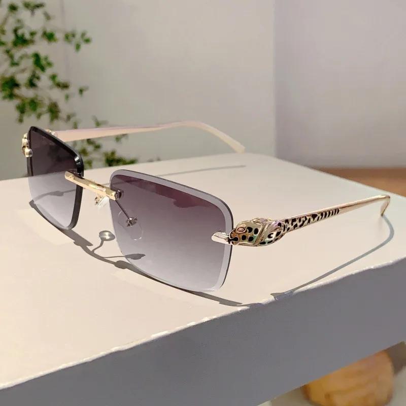 Rimless Punk Vintage Square Sunglasses Women For Men Luxury Brand Designer Sun Glasses Popular Metal Leopard Head Shades Uv400