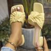 Women Bow Knot Pleated Block Heel Slide Sandals Summer Open Toe Casual Slip On Mules Shoes High Heels Slippers