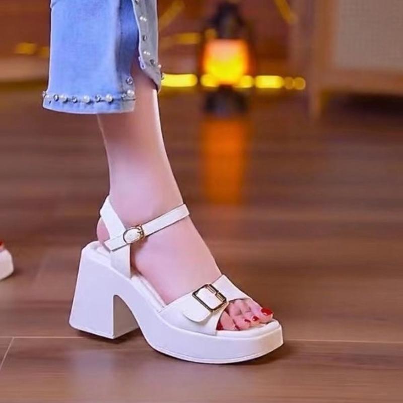 Fashion Ladies Shoes On Sale 2024 New One-word Buckle Women's Sandals Summer Open Toe Mid Heel Water Proof Concise Daily Sandals Women