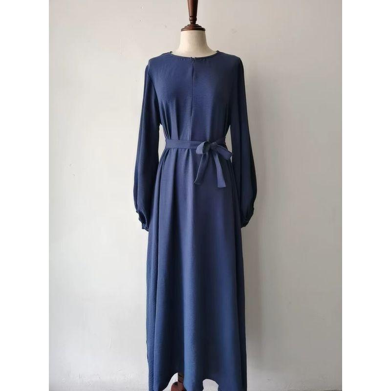 

New Middle East Dubai Drawstring Top Sleeve Sweet Lace-up Dress Solid Color round Neck Dress Fog Blue L