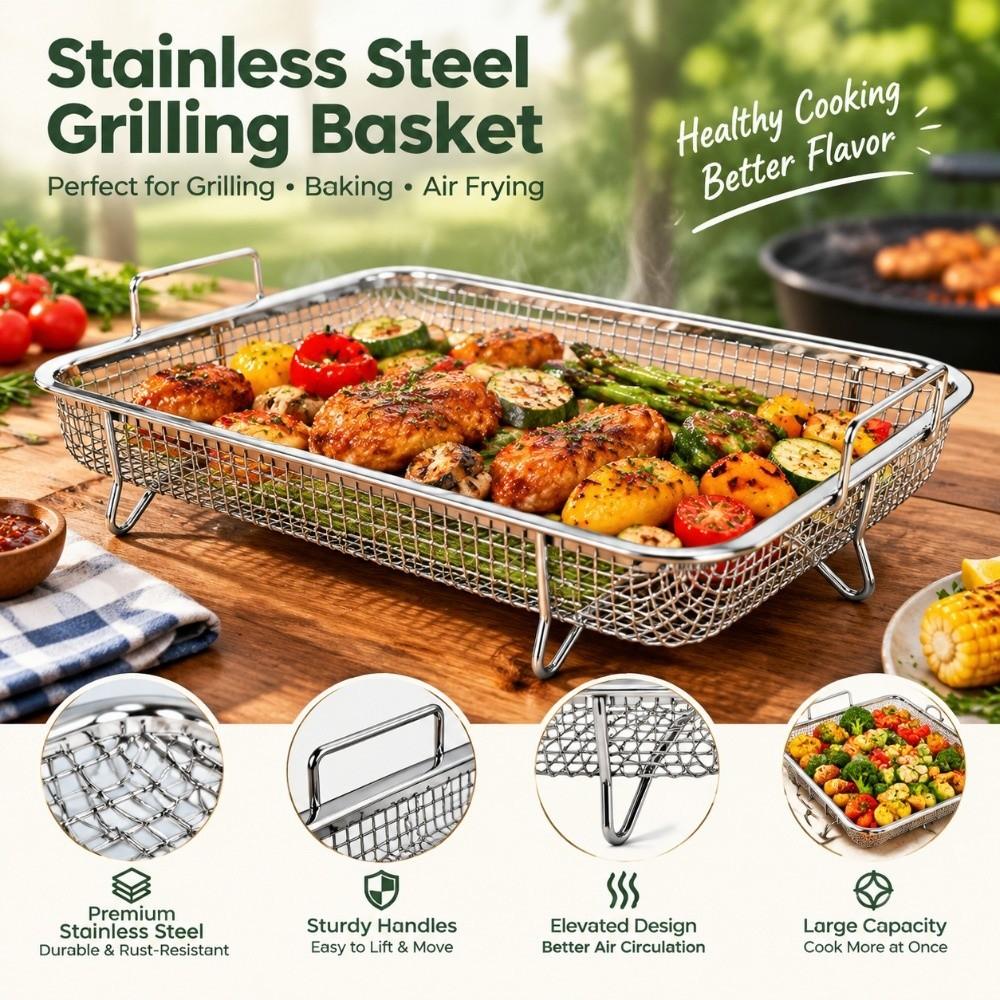 Stainless Steel Air Fryer Basket for Oven Even Heating Mesh Baking Tray Dishwasher Safe