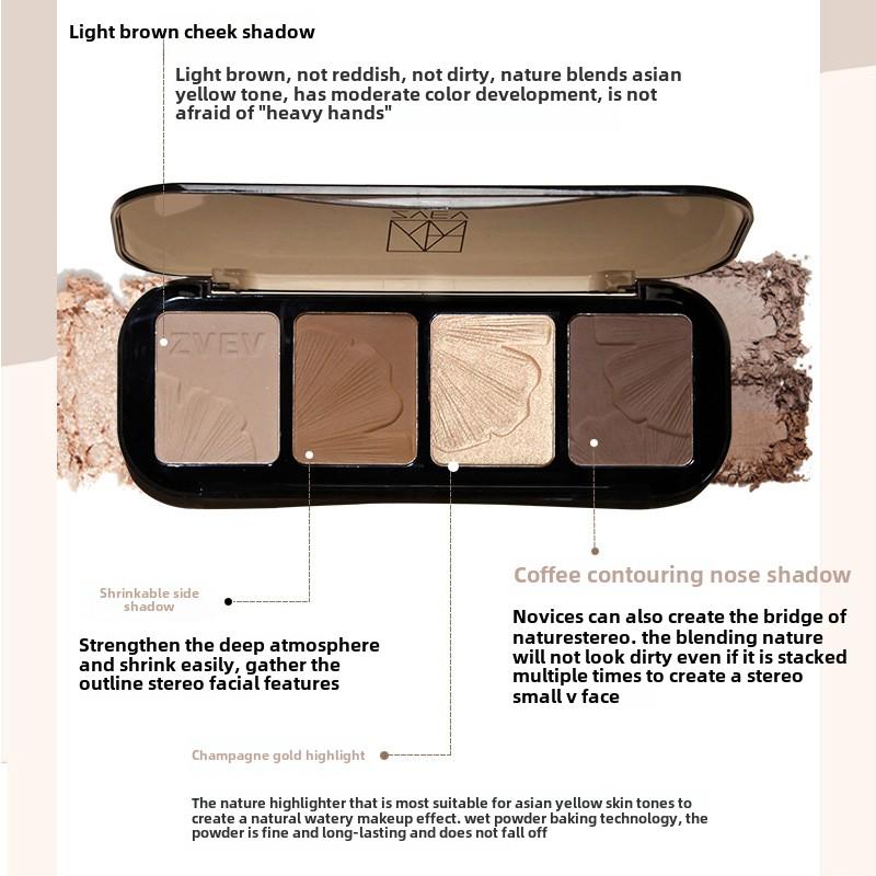 4 Farben Konturpalette, Textmarker, Schimmer, matter Bronzer, Nasenschatten, Gesichtsschattierungspuder-Make-up-Palette