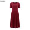 ZANZEA Women Square Collar Summer Casual Short Sleeve Pleated Dress