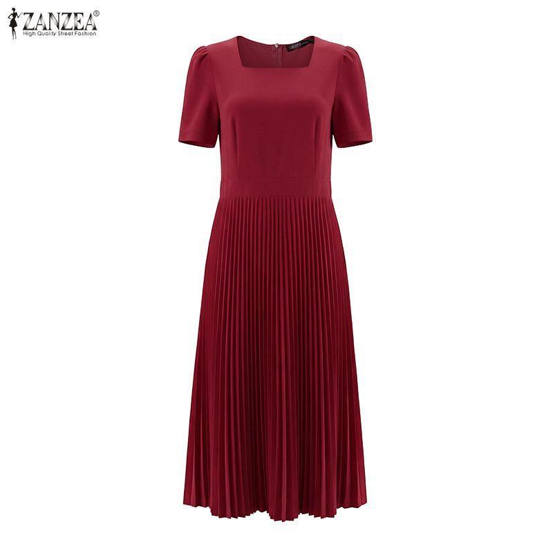 ZANZEA Women Square Collar Summer Casual Short Sleeve Pleated Dress