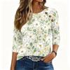 Women 3/4 Sleeve Crew Neck Button Decor Top Floral Pattern Casual Loose Fit Soft Fabric Pullover Shirt for Daily Wear
