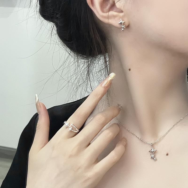 Star Plain Circle Open Ring Cold Wind Star Necklace High-End Stud Earrings Niche Design Set Female Tide