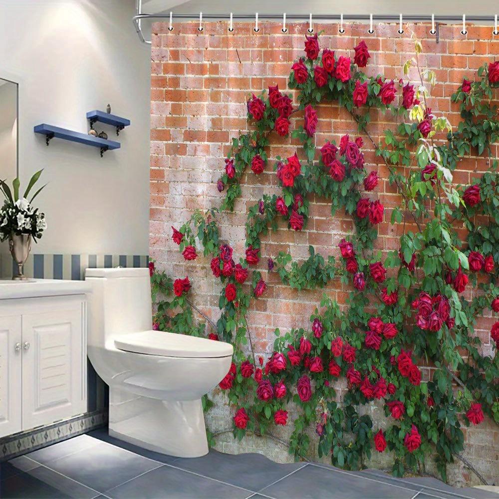 Enhance Your Bathroom with a Waterproof Shower Curtain Featuring Vibrant Red Roses on Brick Wall for Elegance and Charm