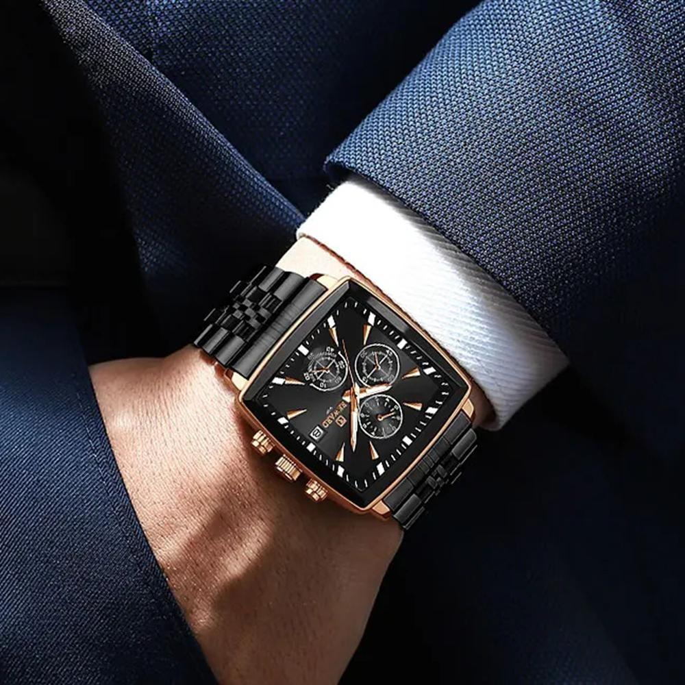 Fashion Square Quartz Watch Men's Luxury Steel Strip Business Date Chronograph Watches