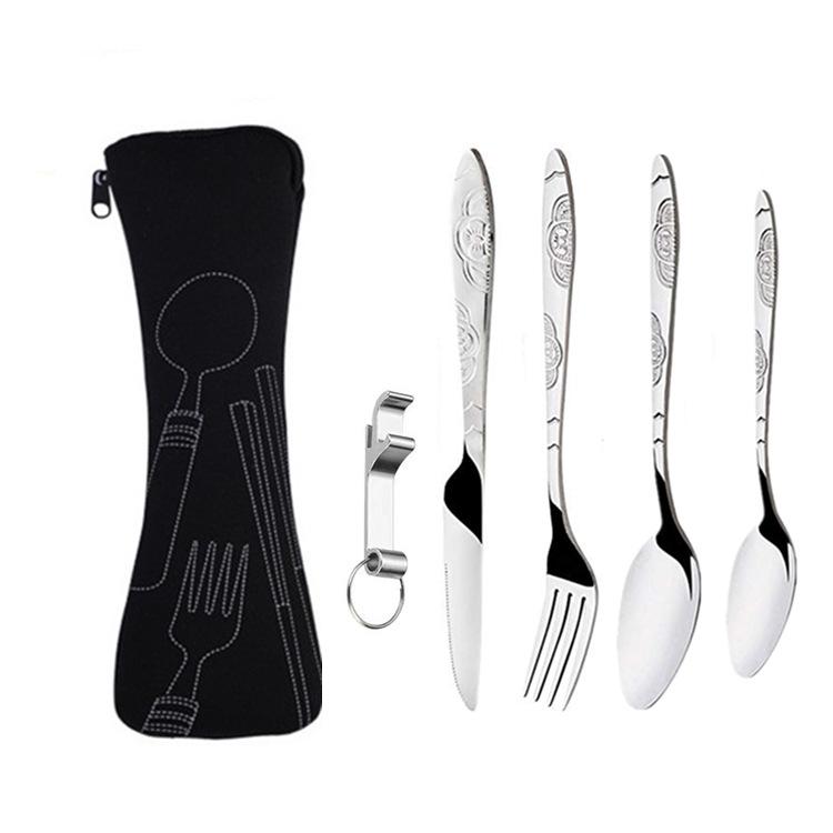 Tragbares Edelstahl-Besteckset - 5-teiliges Reisebesteck mit Messer, Gabel, Löffel und kleinem Löffel für Camping & Outdoor