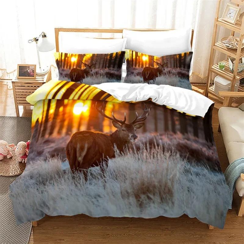 Sunset Wildlife Deer Duvet Cover Elk Giraffe Bedding Set Animal Theme Comforter Cover Full King For Teen Boys Girl Bedroom Decor