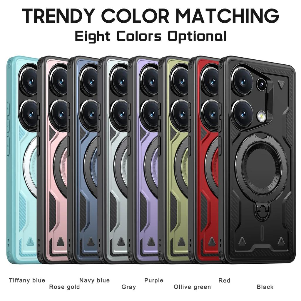 For Xiaomi Poco M6 Pro Redmi Note 13Pro 4G Case Military Armor Shockproof 360° Rotating Ring Stand TPU Plastic Phone Cover