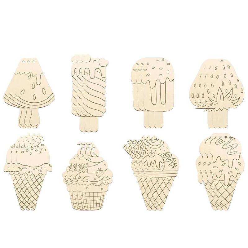 40Pcs Wooden Ice Cream Cutouts Ornaments To Paint,Summer Decorations 8 Styles Diy Blank Unfinished Wood Cutouts Ornament