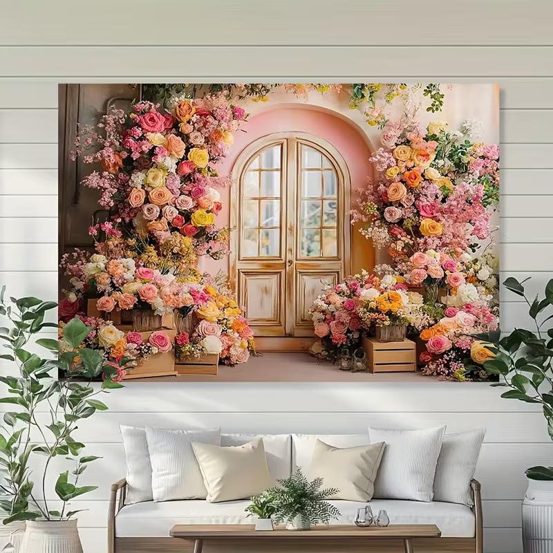 2D Romantic Flower Arch Background, Peony & Rose Doorway Themed Wedding Backdrop
